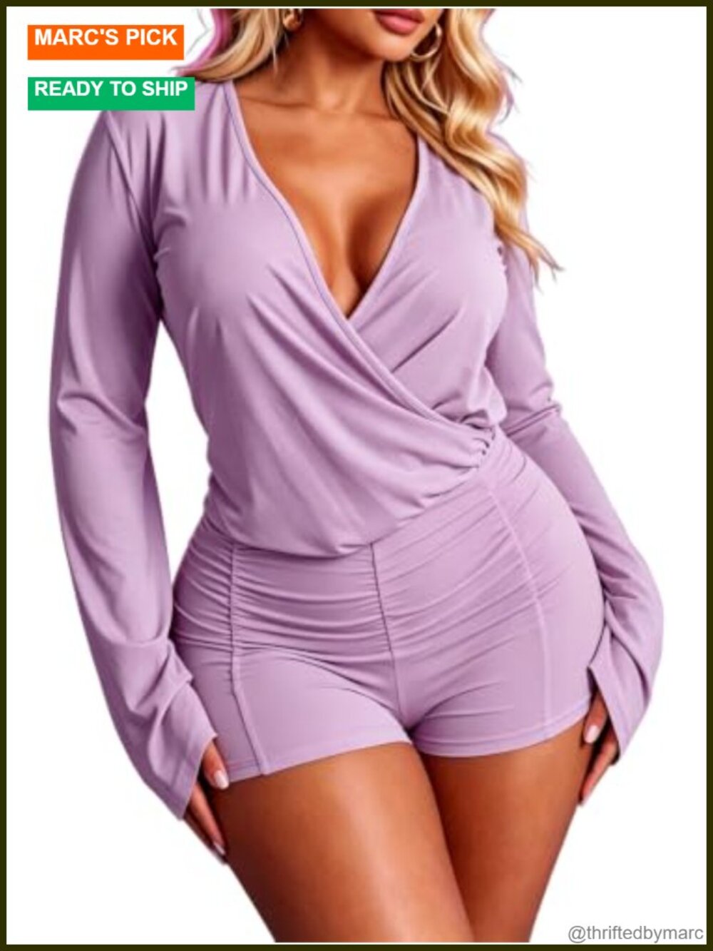 V Neck Ruched Bell Sleeve Short Jumpsuit Clubwear Bodycon
